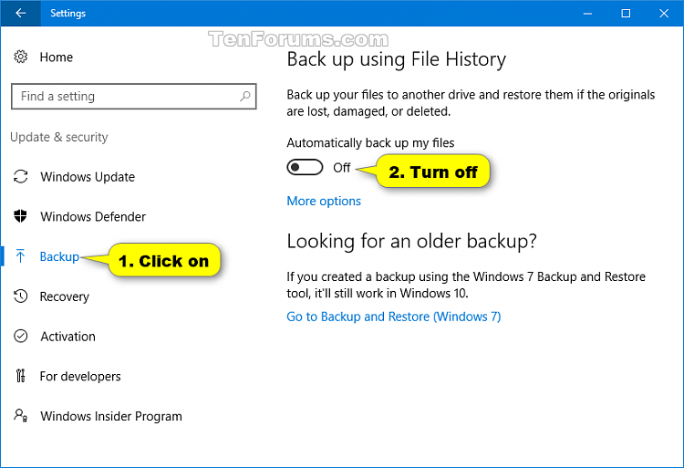 Hvernig á að virkja eða slökkva á File History eiginleikanum í Windows 10