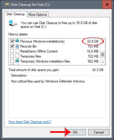 Sådan får du 30 GB plads tilbage efter opdatering af Windows 10 Fall Creators Update