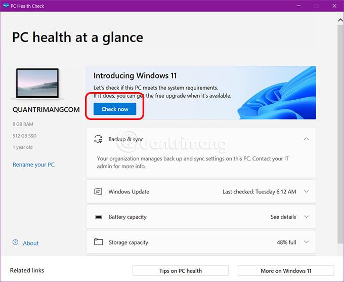 Instruktioner til brug af Windows PC Health Check, tjek om din computer kan installere Windows 11 eller ej