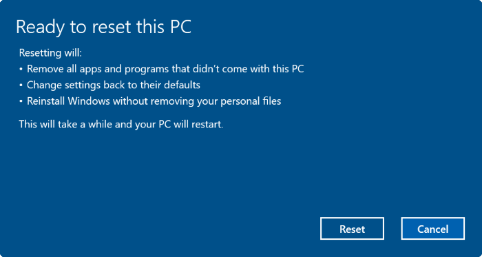 Nulstil Windows 10 til sin oprindelige tilstand