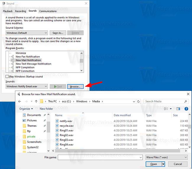 Změňte zvuk upozornění na novou poštu ve Windows 10