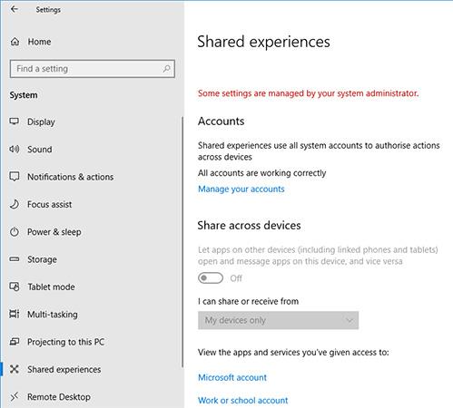 Hvernig á að slökkva á Shared Experience eiginleikanum í Windows 10