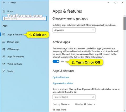 Slik aktiverer/deaktiverer du Arkiv Apps-funksjonen i Windows 10