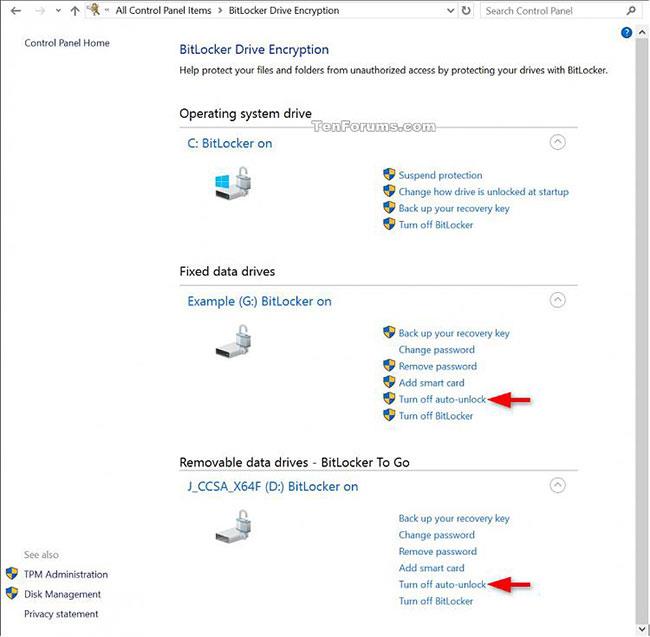 Slik slår du på/av automatisk opplåsing for BitLocker-stasjoner i Windows 10