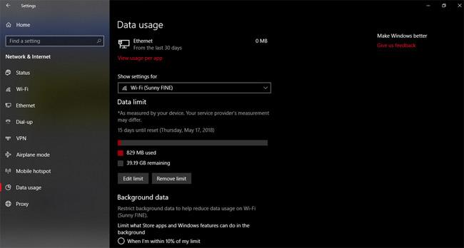 Jak sledovat a šetřit kapacitu internetu na Windows 10 April 2018 Update