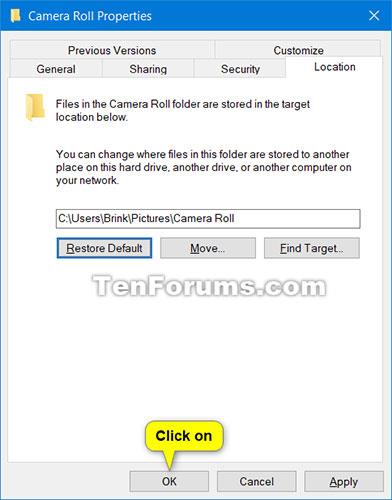 Как да промените или възстановите местоположението по подразбиране на папката Camera Roll в Windows 10