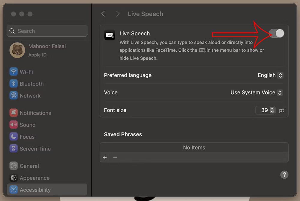 Інструкції щодо використання Live Speech для виклику FaceTime