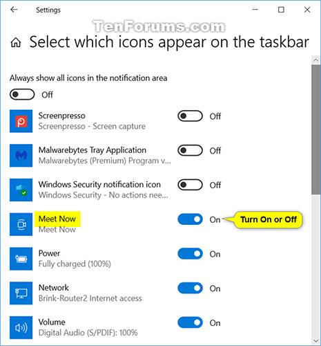 Hvernig á að bæta við/fjarlægja Meet Now táknið á verkefnastikunni í Windows 10