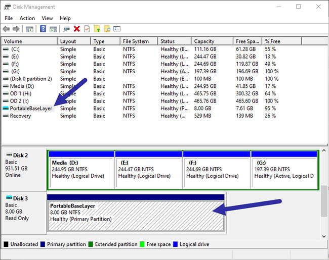 Hvað er PortableBaseLayer skiptingin í Windows 10 Disk Management?