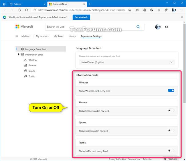 Sådan tilføjes/fjernes informationstags for nyheder og interesser i Windows 10