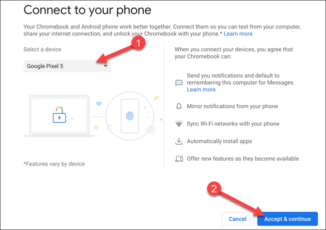 Kaip naudoti „Phone Hub“ norint prijungti „Chrome“ OS prie „Android“.