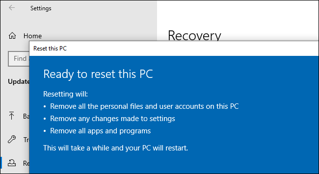 Нови функции на Reset This PC в Windows 10