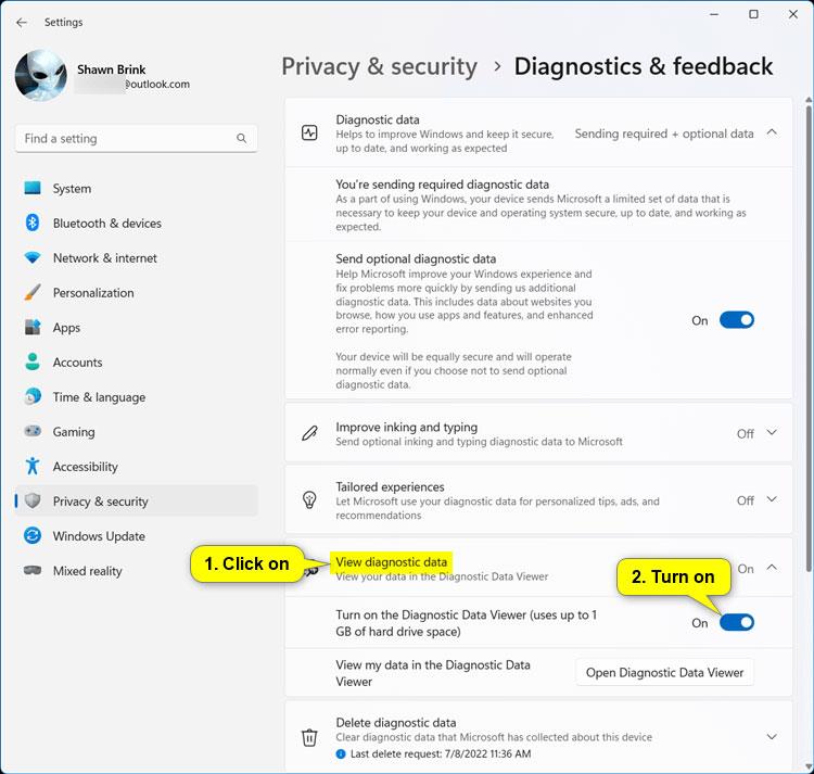 A Diagnostic Data Viewer engedélyezése/letiltása Windows 11 rendszeren