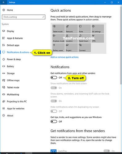 Sovellusten ja muiden lähettäjien ilmoitusten kytkeminen päälle/pois Windows 10:ssä