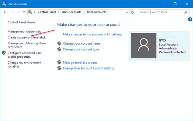 Lag passordtilbakestillingsdisk med USB på Windows 10