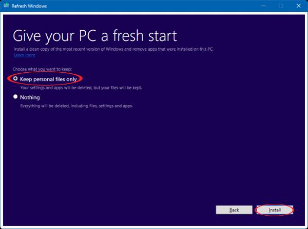 Settu upp Windows 10 með því að nota Microsoft Refresh Windows Tool