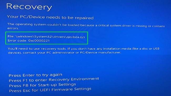 Hur man fixar fel 0xc0000221 på Windows 10, datorn kan inte starta på grund av saknade systemdrivrutiner