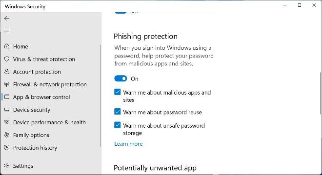 Slik slår du på forbedret phishing-beskyttelse på Windows 11 for å vise advarsler når du skriver inn passord i Notisblokk og nettsteder