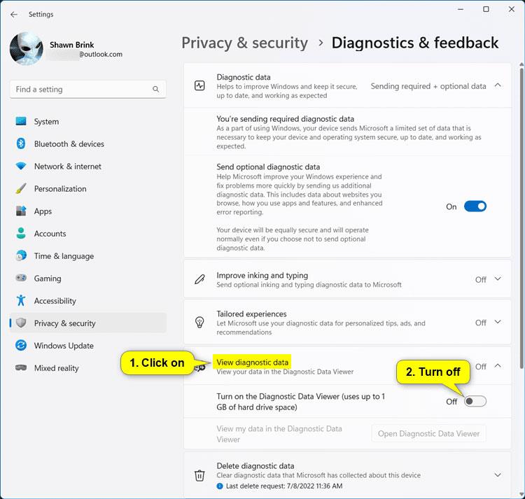 A Diagnostic Data Viewer engedélyezése/letiltása Windows 11 rendszeren