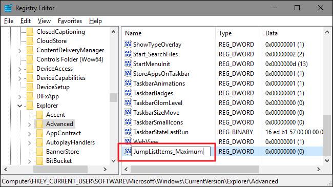 Trick för att öka antalet objekt som visas i Jump List på Windows 10