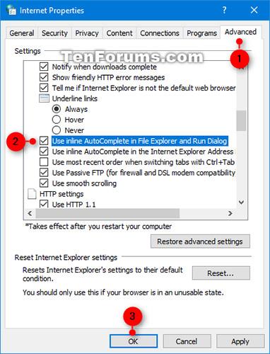 Įgalinkite / išjunkite tiesioginio automatinio užbaigimo funkciją „File Explorer“ ir „Windows 10“ dialogo lange Vykdyti