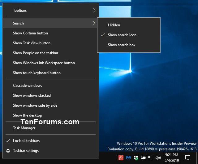 A keresőmező/ikon elrejtése/megjelenítése a tálcán a Windows 10 rendszerben