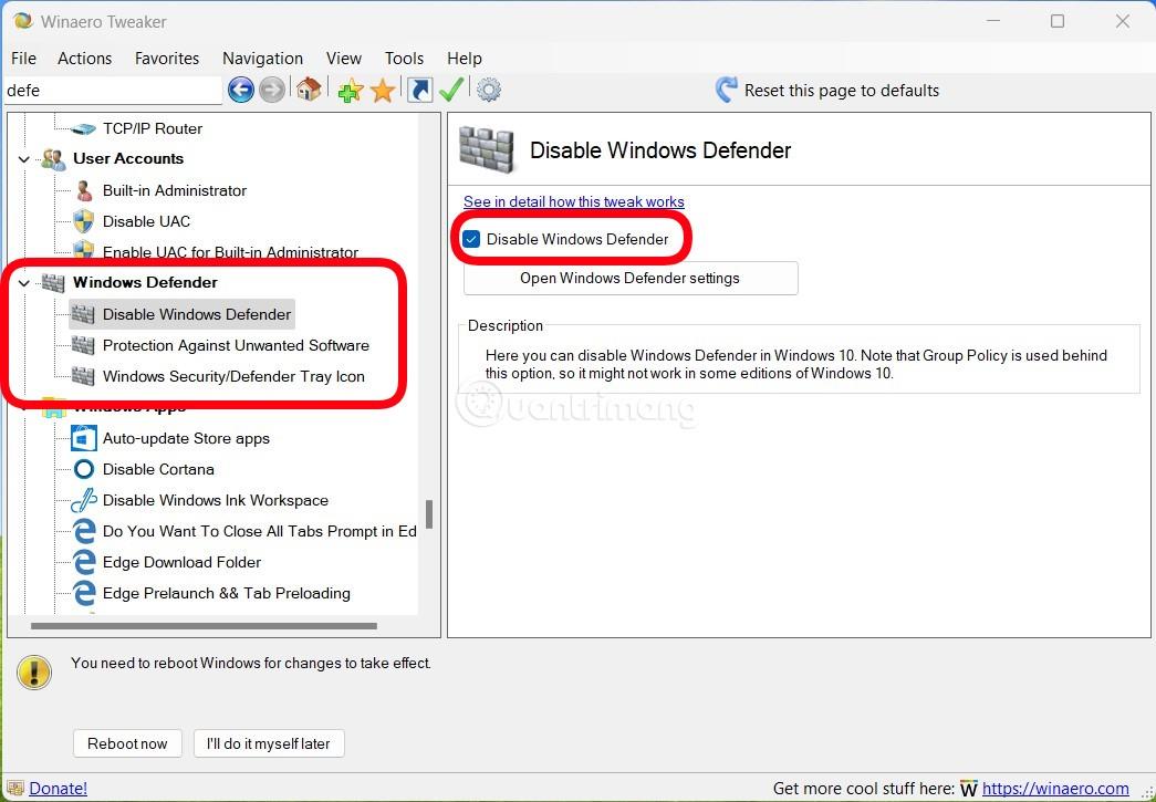 Izklopite Windows Defender (Varnost Windows) v sistemih Windows 10, Windows 11