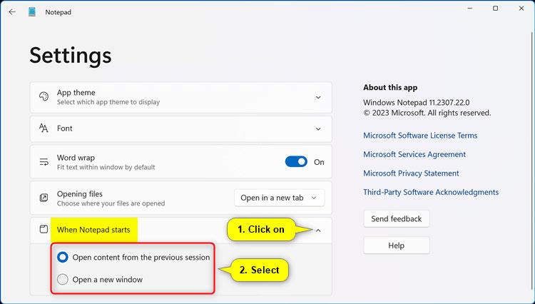 A Notepad munkamenet állapotának automatikus mentésének engedélyezése/letiltása Windows 11 rendszerben