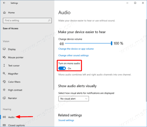 Sådan tænder/slukker du Mono Audio på Windows 10