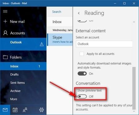 Sådan slår du Windows 10 Mail-indholdseksempelfunktionen fra