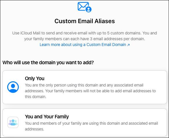 Instruktioner til opsætning af et brugerdefineret e-mail-domæne på iCloud