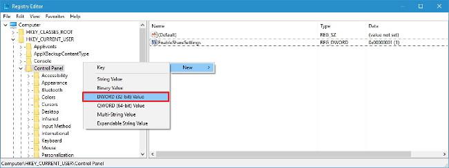 Aktiver for at åbne siden med skjulte indstillinger (Del-side) i programmet Windows 10 Indstillinger