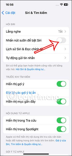 A Siri hívásának kikapcsolása az iPhone bekapcsológombjával