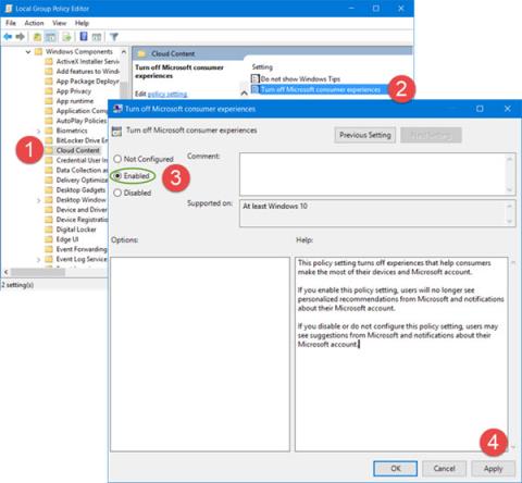 Instruktioner til deaktivering af Microsoft Consumer Experiences-funktionen på Windows 10