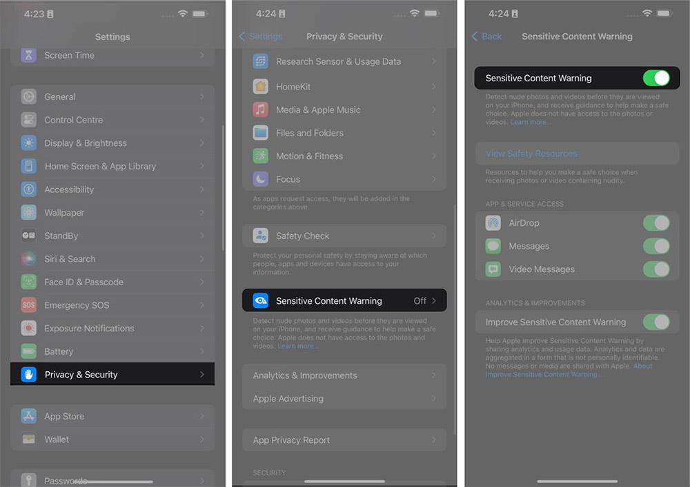 Az érzékeny tartalomra vonatkozó figyelmeztetések bekapcsolása iPhone-on