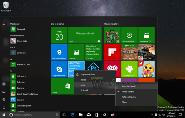 Slökktu á öllum lifandi flísum í einu á Windows 10 Start Menu