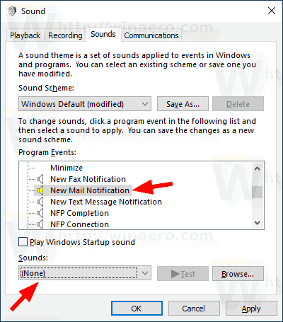 Změňte zvuk upozornění na novou poštu ve Windows 10