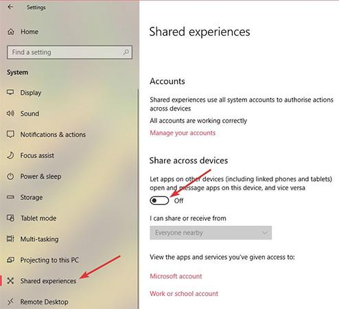 Jaettu kokemus -ominaisuuden poistaminen käytöstä Windows 10:ssä