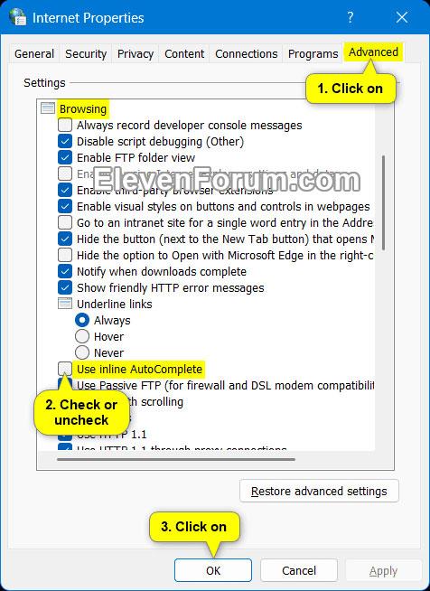 Kaip įjungti / išjungti tiesioginį automatinį užbaigimą „Windows 11“ „File Explorer“ adreso juostoje
