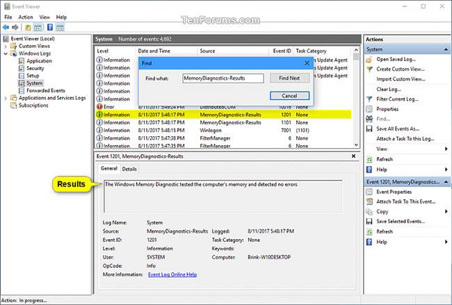 Hvernig á að lesa niðurstöður Memory Diagnostics Tool í Event Viewer á Windows 10