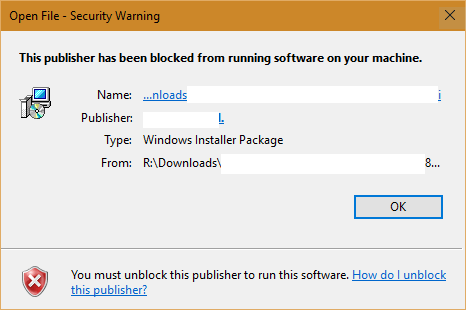 Ret fejlen Denne udgiver er blevet blokeret fra at køre software på din maskine på Windows 10