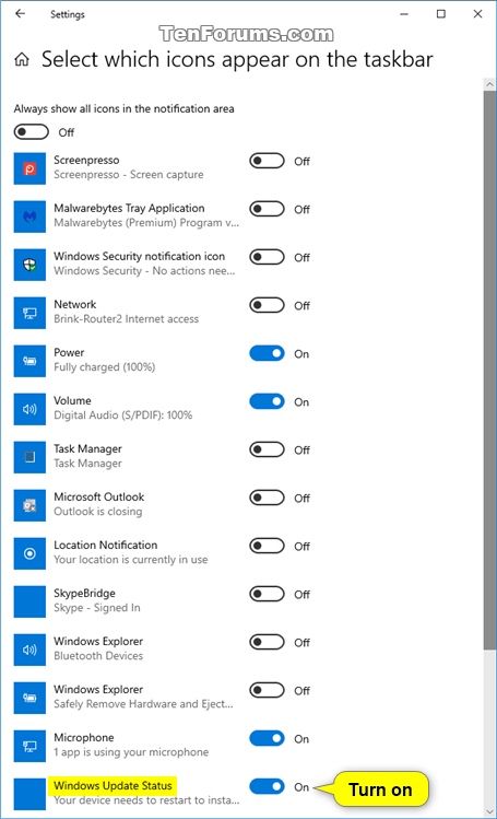 A Windows Update állapota ikon be- és kikapcsolása a Tálca értesítési területén Windows 10 rendszerben