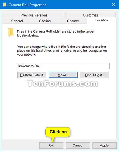 Как да промените или възстановите местоположението по подразбиране на папката Camera Roll в Windows 10