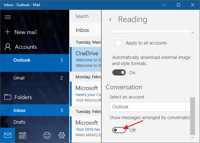 Inaktivera konversationsvy i Windows 10 Mail-appen