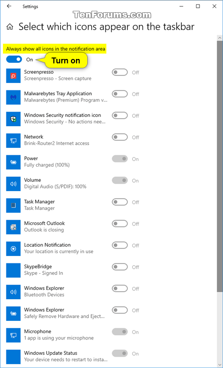 Kā ieslēgt/izslēgt Windows atjaunināšanas statusa ikonu uzdevumjoslas paziņojumu apgabalā operētājsistēmā Windows 10