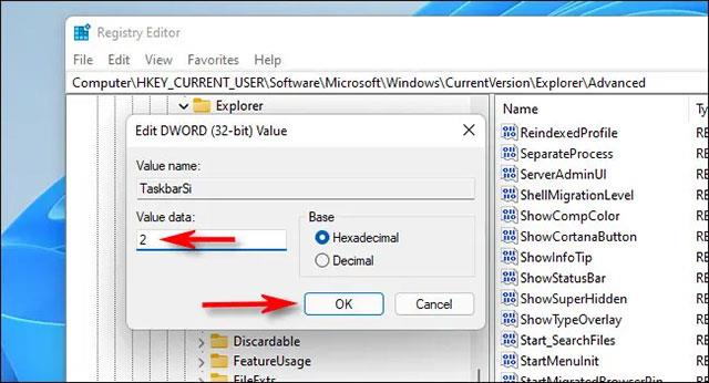 A tálca méretének megváltoztatása Windows 11 rendszerben