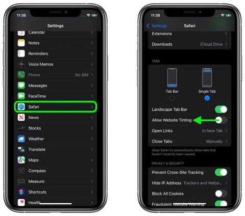 Zakažte funkci Tónování webových stránek v Safari na iOS 15