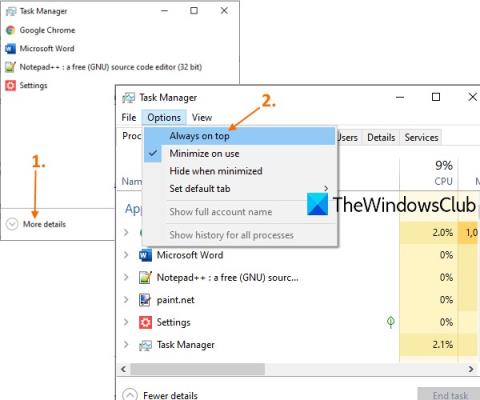 Sådan indstilles Task Manager til altid at flyde over andre applikationer på Windows 10