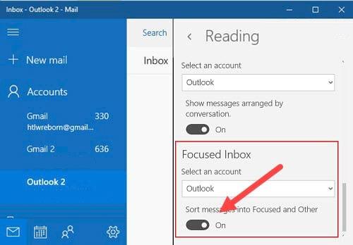 Как да включите или изключите функцията Focused Inbox в Windows 10 Mail