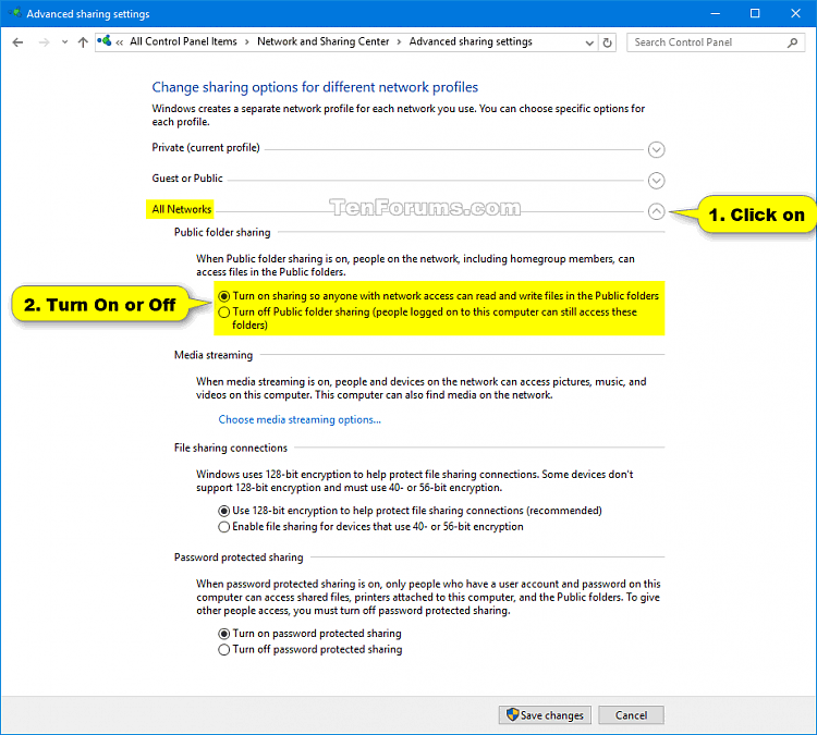 Sådan slår du deling af offentlig mappe til og fra på Windows 10